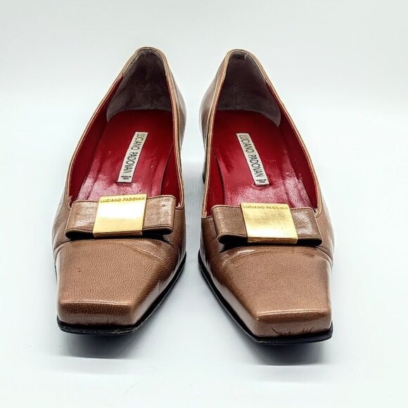 Luciano Padovan Camel Brown Leather Square Toe Pumps - Picture 3 of 11